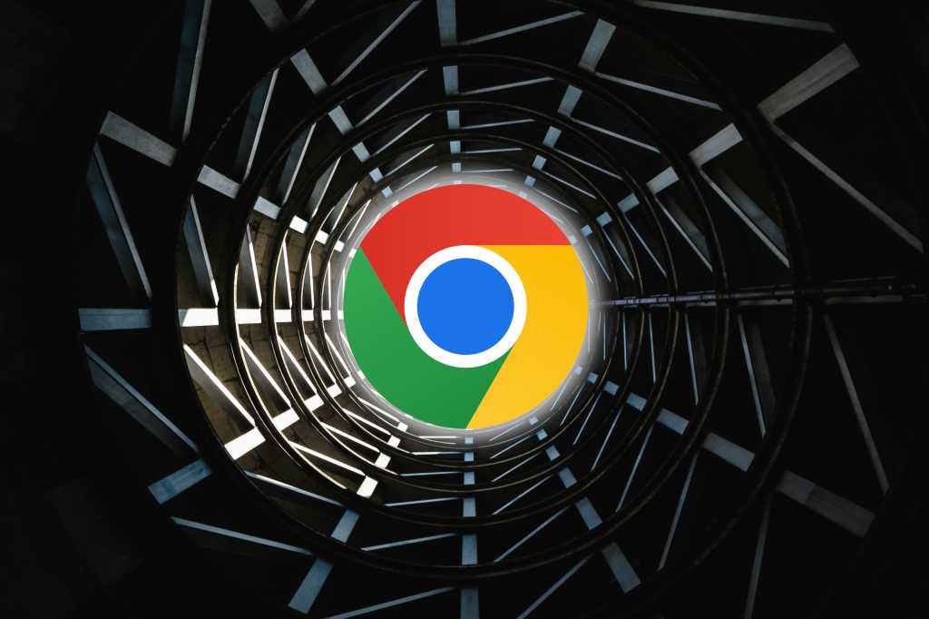 Google Chrome logo in the center of an abstract architectural spiral