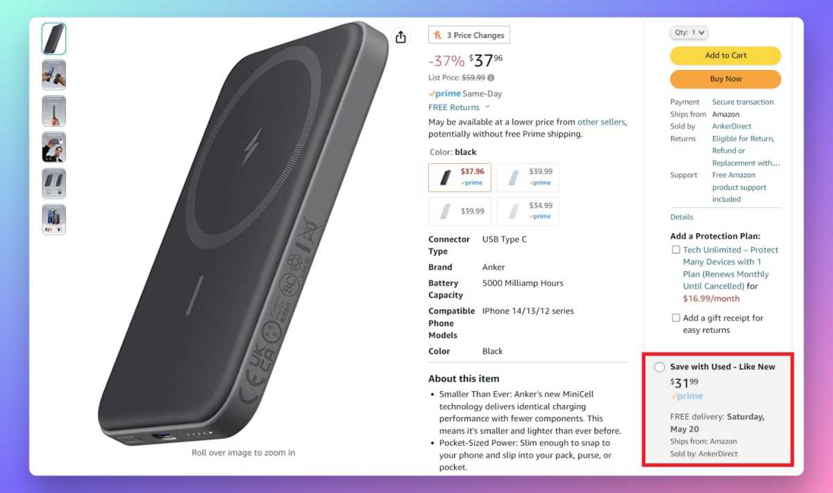 Amazon product page highlighting a used Anker battery