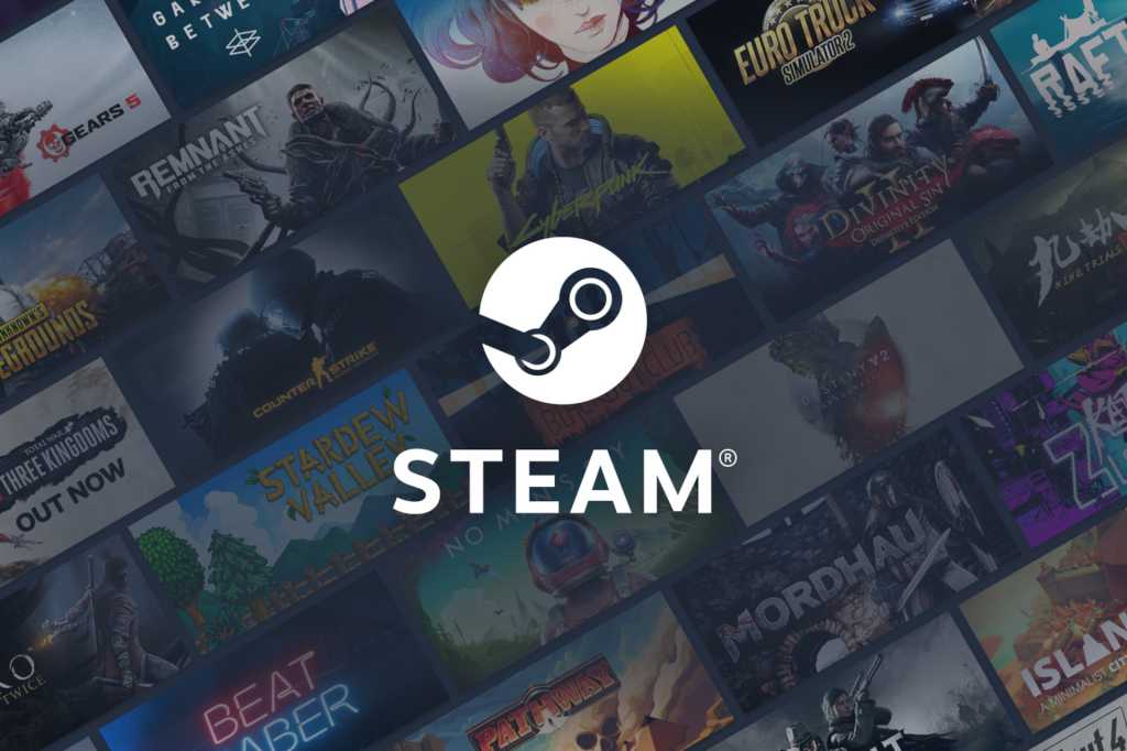 Steam logo on top of a background full of Steam library games