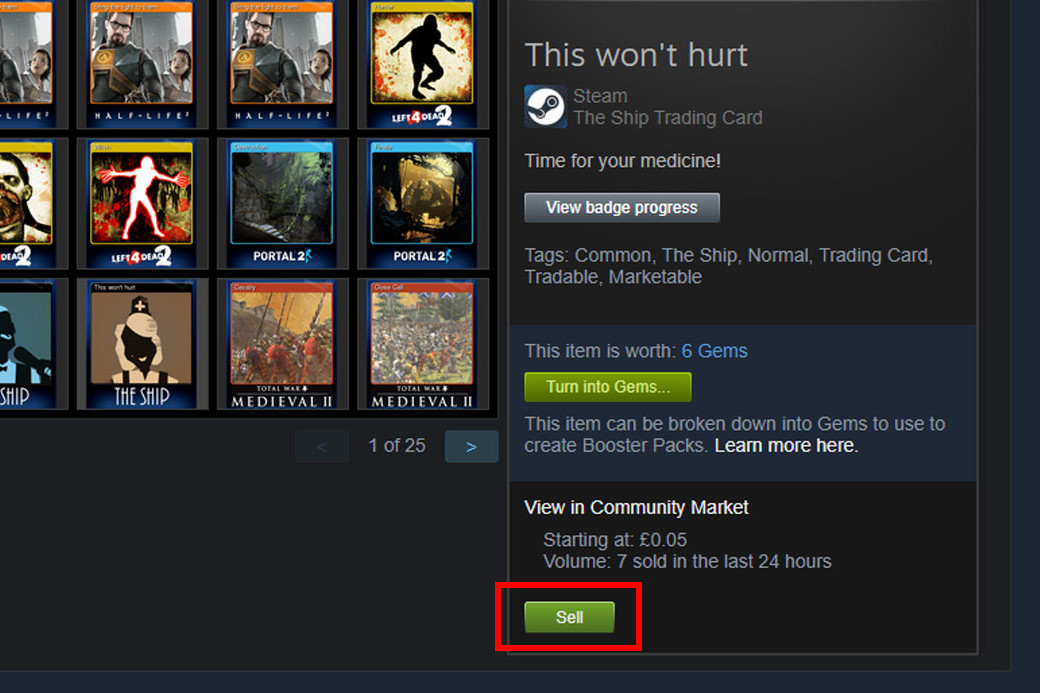 Steam selling button feature for Steam Trading Cards screenshot